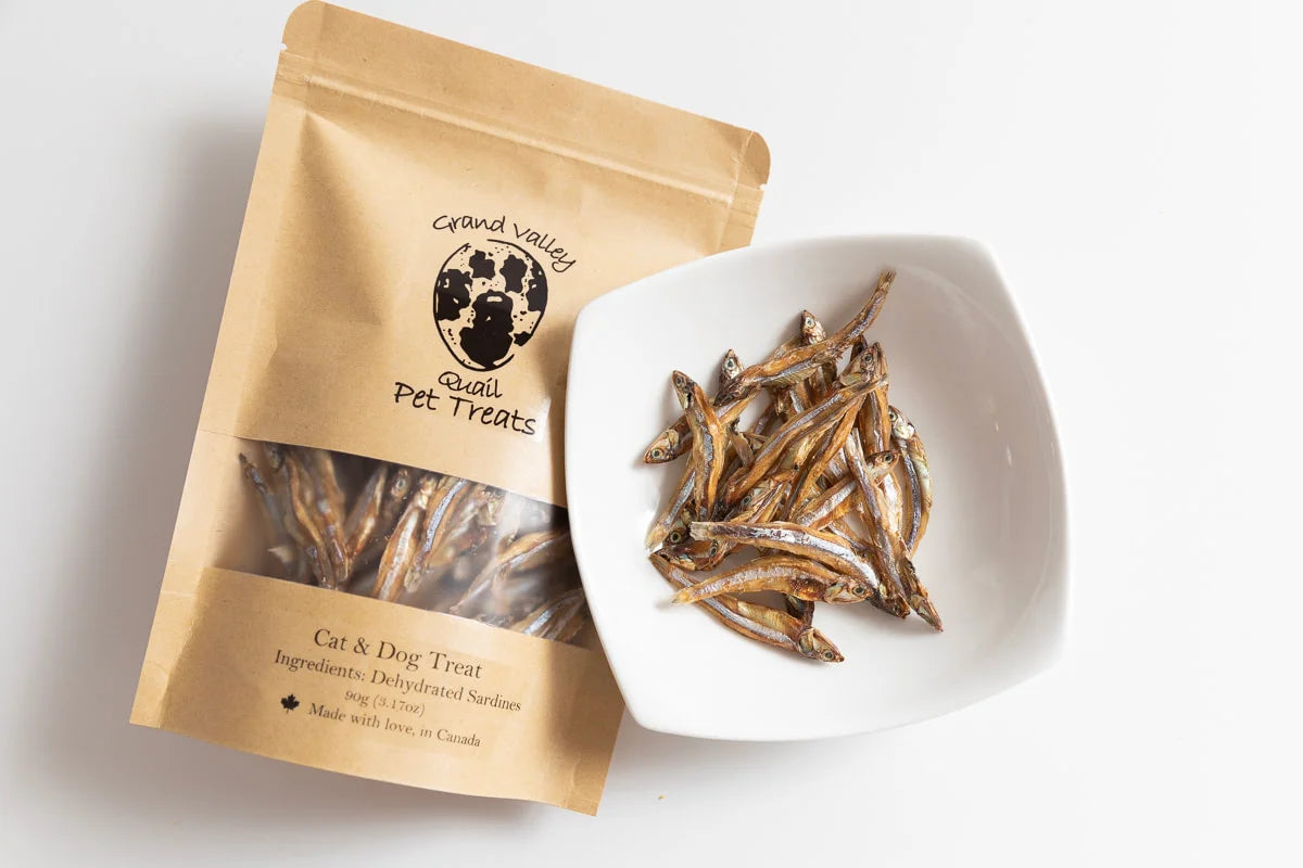 Raw dog food, raw pet food, frozen raw dog food, raw dog meals, natural raw dog food, raw food for dogs, BARF diet for dogs, biologically appropriate dog food, fresh raw dog food, healthy dog food, grain-free dog food, holistic dog food, raw dog food delivery, raw nutrition for pets, raw dog food Canada, Ottawa, Local, Gatineau, Wakefield, Chelsea, Russel, Freeze Dried, Treats, Grand Valley Quail Pet Treats, Dehydrated Sardines